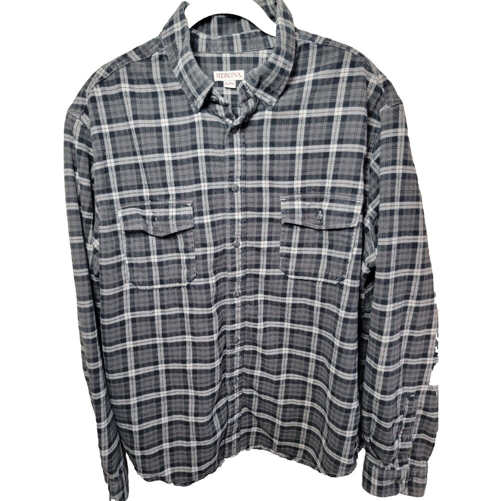 Merona Flannel Shirt XL Gray Black Plaid Button Up Cotton Long Sleeve Casual